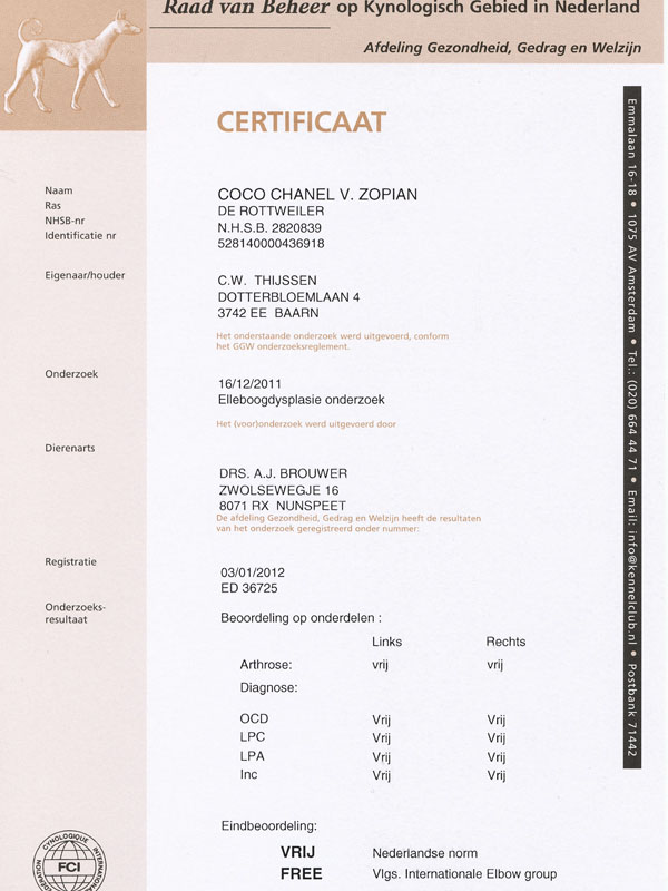 certificaat ED beoordeling Coco Chanel