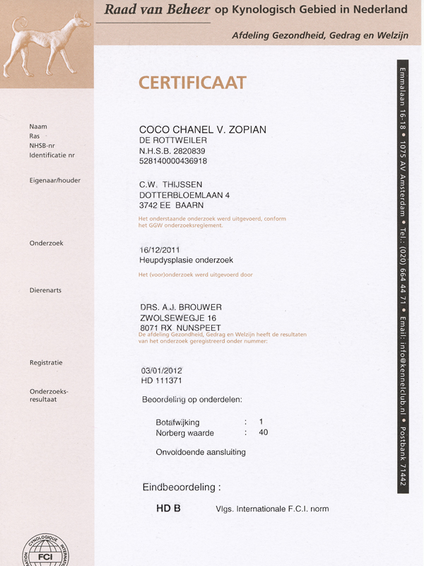 certificaat HD beoordeling Coco Chanel